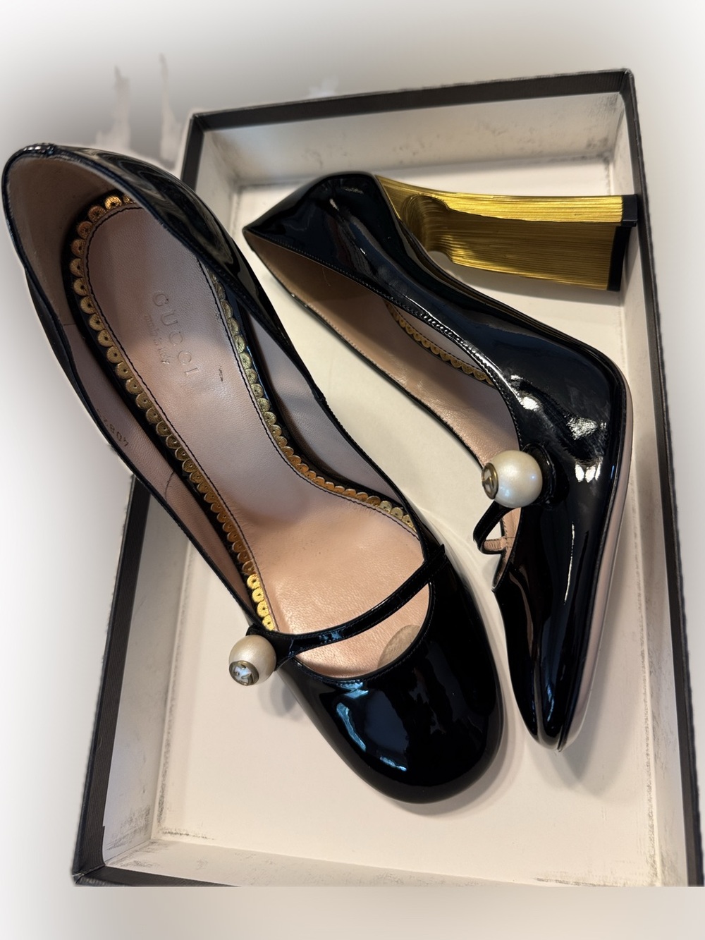 Gucci Black Patent Leather Pumps with Gold Sculpted Heel and Pearl Accent